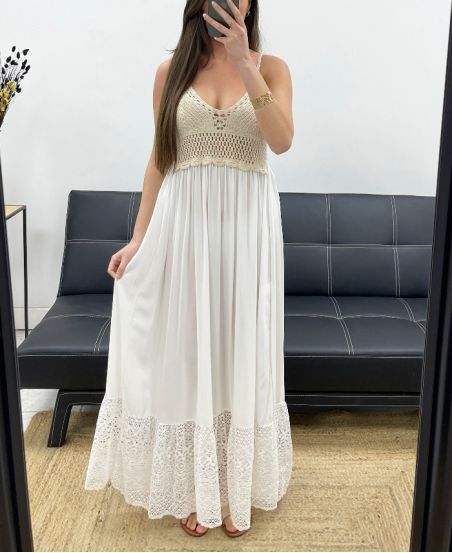 "BOHEMIAN COLLECTION" LANGES HÄKELKLEID PE2257 BEIGE