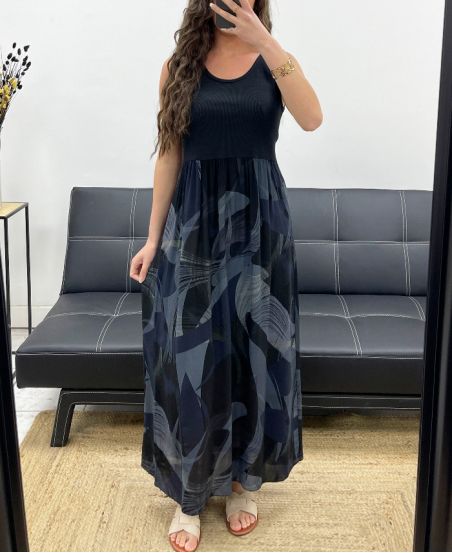 BI-MATIRE BEDRUCKTES MAXIKLEID AUS BAUMWOLLE SS1023 SCHWARZ