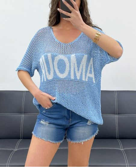 PULL TRICOT AMOUR LUREX PE0166 BLEU CIEL
