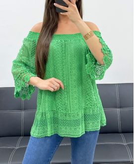 "BOHEMIAN COLLECTION" LACE TOP ELASTIC COLLAR PE2241 GREEN