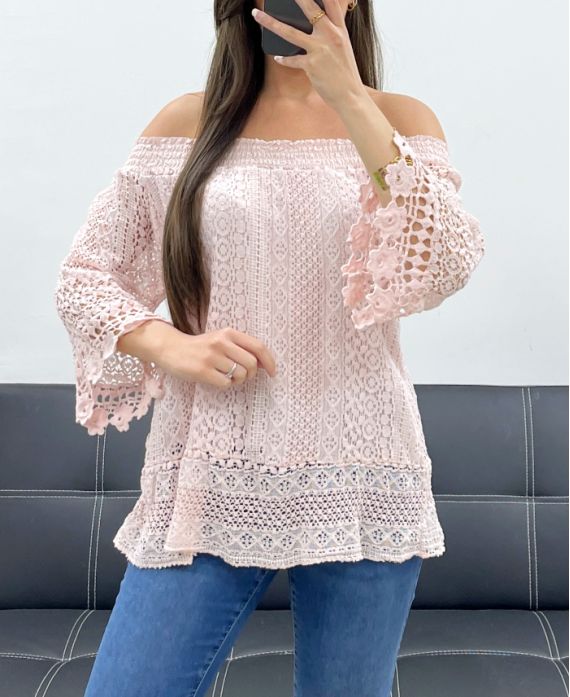 "BOHEMIAN COLLECTION" SPITZEN-TOP ELASTISCHER KRAGEN PE2241 ROSA