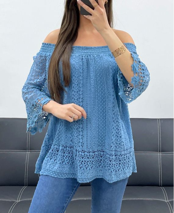 "BOHEMIAN COLLECTION" KORONKOWY TOP ELASTYCZNY KOŁNIERZ PE2241 NIEBIESKI