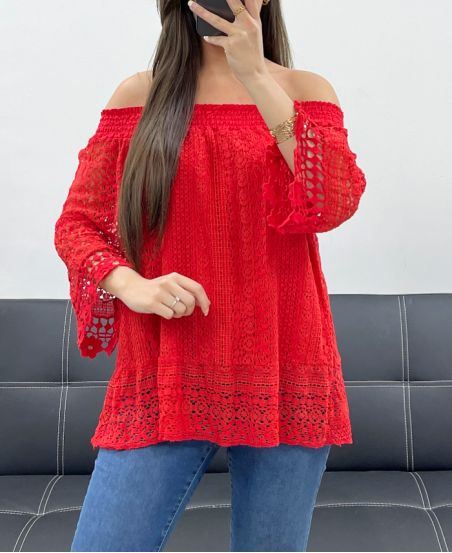 "BOHEMIAN COLLECTION" TOP DE ENCAJE CUELLO ELÁSTICO PE2241 ROJO