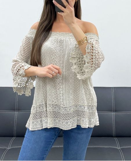 TOP DE ENCAJE "BOHEMIAN COLLECTION" CUELLO ELÁSTICO PE2241 BEIGE