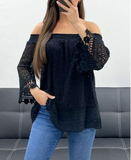 "BOHEMIAN COLLECTION" LACE TOP ELASTIC COLLAR PE2241 BLACK