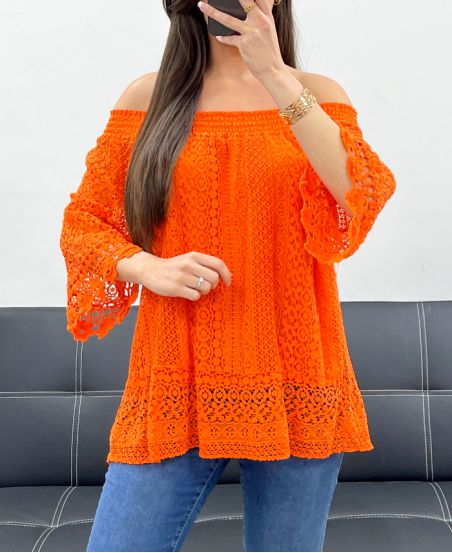 "BOHEMIAN COLLECTION" TOP DE ENCAJE CUELLO ELÁSTICO PE2241 NARANJA