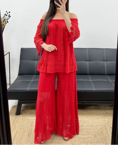 PANTALONE IN PIZZO "BOHEMIAN COLLECTION" DOUBLé PE2273 ROSSO