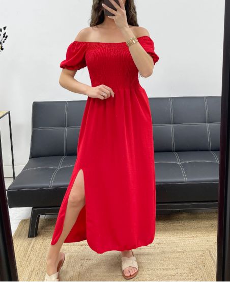 ABITO LUNGO ELASTICIZZATO SPACCO PE2191 ROSSO