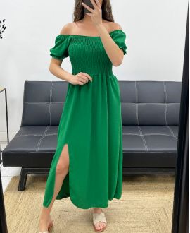 ELASTISCHES LANGES KLEID MIT SCHLITZ PE2191 SMARAGDGRÜN