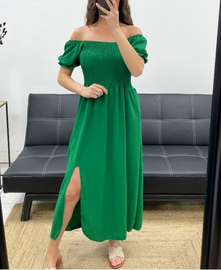 ELASTISCHES LANGES KLEID MIT SCHLITZ PE2191 SMARAGDGRÜN