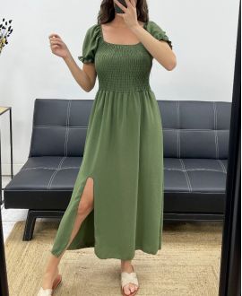 LANGES ELASTISCHES KLEID MIT SCHLITZ PE2191 KAKI