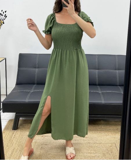 LANGES ELASTISCHES KLEID MIT SCHLITZ PE2191 KAKI