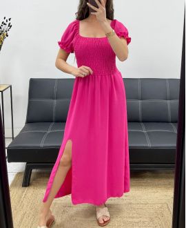 ELASTICATED SLIT MAXI DRESS PE2191 FUSHIA