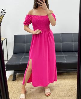 MAXI ABITO CON SPACCO ELASTICIZZATO PE2191 FUCSIA