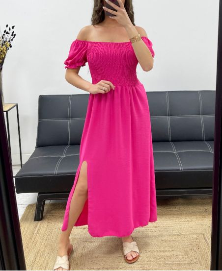 MAXI ABITO CON SPACCO ELASTICIZZATO PE2191 FUCSIA