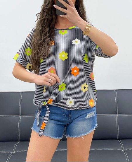TOP A FIORI A RIGHE PE989 NERO