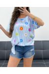 TOP DE RAYAS FLOR PE989 AZUL CIELO