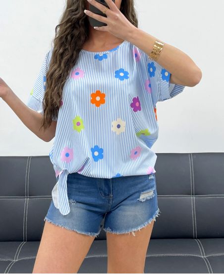 TOP RAYE FLEURS PE989 BLEU CIEL