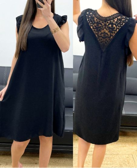 FLIESSENDES KLEID MIT SPITZENRÜCKEN PE1632 SCHWARZ