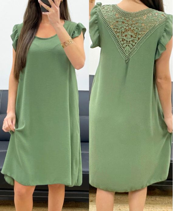 FLIESSENDES KLEID MIT SPITZENRÜCKEN PE1632 KAKI