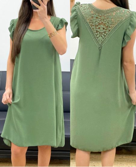 FLIESSENDES KLEID MIT SPITZENRÜCKEN PE1632 KAKI