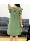 FLIESSENDES KLEID MIT SPITZENRÜCKEN PE1632 KAKI