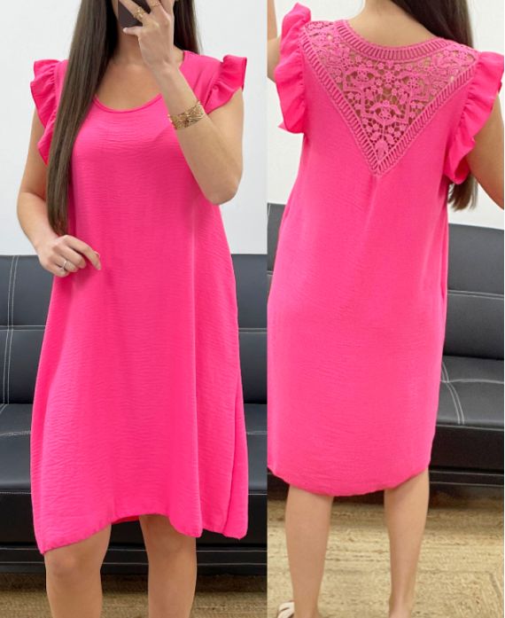 KLEID MIT FLIESSENDEM SPITZENRÜCKEN PE1632 FUSHIA