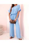 ENSEMBLE AMPLE TOP FLEUR BIJOU + PANTALON PE2173 BLEU CIEL