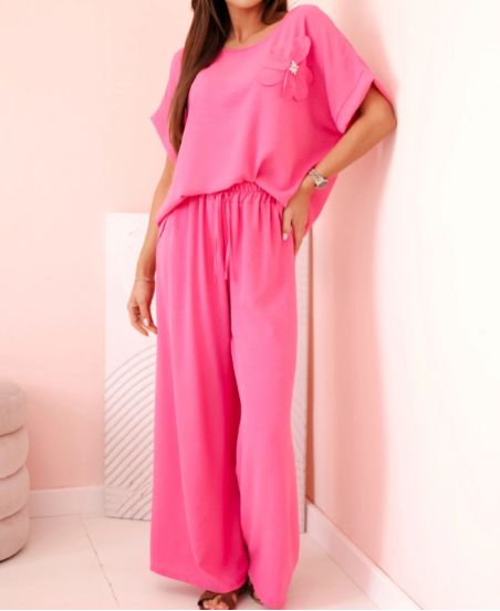 ENSEMBLE AMPLE TOP FLEUR BIJOU + PANTALON PE2173 FUSHIA