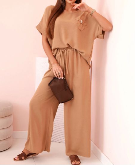 ENSEMBLE AMPLE TOP FLEUR BIJOU + PANTALON PE2173 CAMEL