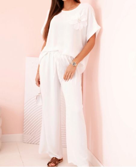 CONJUNTO SUELTO JOYA FLOWER TOP + PANTS PE2173 BLANCO