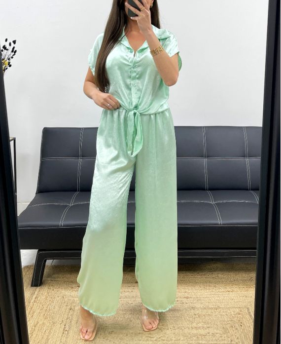 ENSEMBLE CHEMISIER + PANTALON DOUX EFFET METALISé PE2129 VERT PASTEL