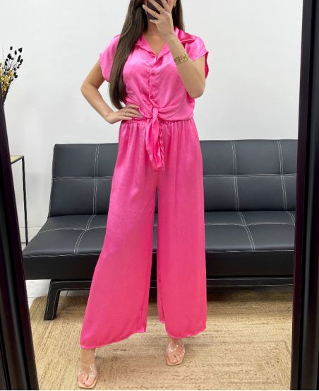 BLOUSE + SOFT METALLIC EFFECT PANTS SET PE2129 FUSHIA