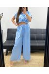 SET BLUMINA + PANTALONE MORBIDO EFFETTO METALLIZZATO PE2129 AZZURRO CIELO