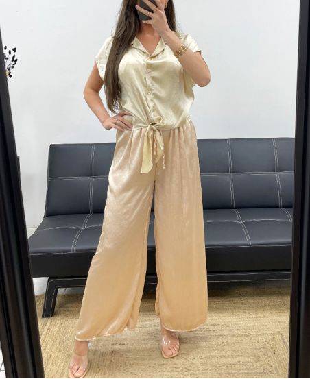BLUSE + WEICHE HOSE SET METALLIC-EFFEKT PE2129 CREME