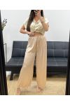 BLUSE + WEICHE HOSE SET METALLIC-EFFEKT PE2129 CREME