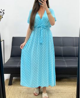 ROBE LONGUE A POIS FLUIDE VISCOSE PE2149 BLEU CIEL