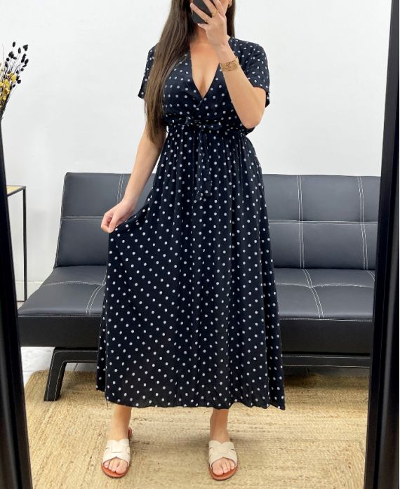 FLÜSSIGES MAXIKLEID AUS VISKOSE MIT TUPFEN PE2149 SCHWARZ