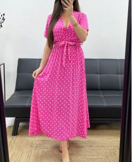 ROBE LONGUE A POIS FLUIDE VISCOSE PE2149 FUSHIA