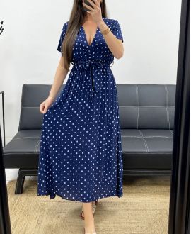ROBE LONGUE A POIS FLUIDE VISCOSE PE2149 BLEU MARINE
