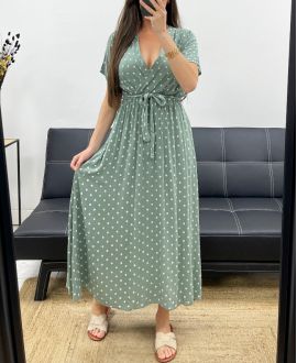 ROBE LONGUE A POIS FLUIDE VISCOSE PE2149 KAKI
