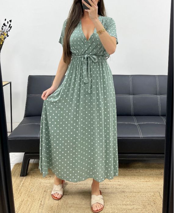 FLIESSENDES MAXIKLEID AUS VISKOSE MIT TUPFEN PE2149 KHAKI