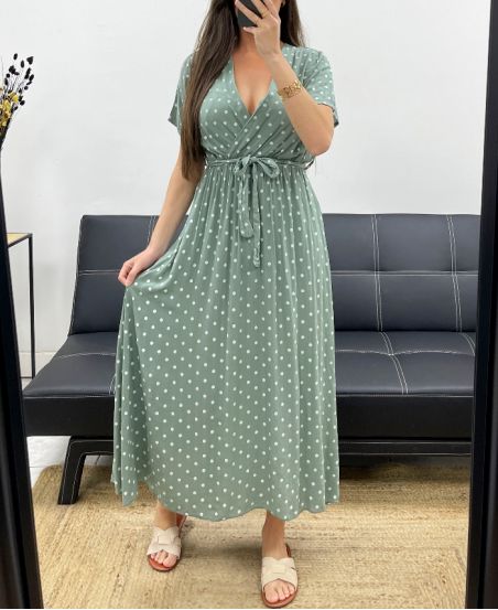 FLIESSENDES MAXIKLEID AUS VISKOSE MIT TUPFEN PE2149 KHAKI