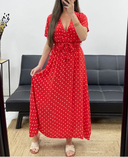 ROBE LONGUE A POIS FLUIDE VISCOSE PE2149 ROUGE