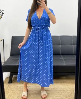 ROBE LONGUE A POIS FLUIDE VISCOSE PE2149 BLEU ROYAL