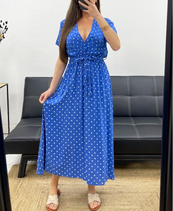 FLIESSENDES MAXIKLEID AUS VISKOSE MIT TUPFEN PE2149 KÖNIGSBLAU