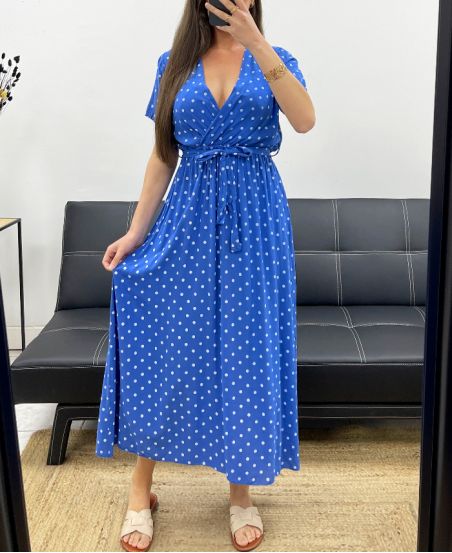 FLIESSENDES MAXIKLEID AUS VISKOSE MIT TUPFEN PE2149 KÖNIGSBLAU