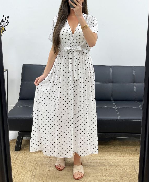 ROBE LONGUE A POIS FLUIDE VISCOSE PE2149 BLANC