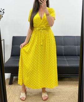 ROBE LONGUE A POIS FLUIDE VISCOSE PE2149 JAUNE