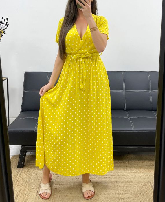 FLIESSENDES MAXIKLEID AUS VISKOSE MIT TUPFEN PE2149 GELB